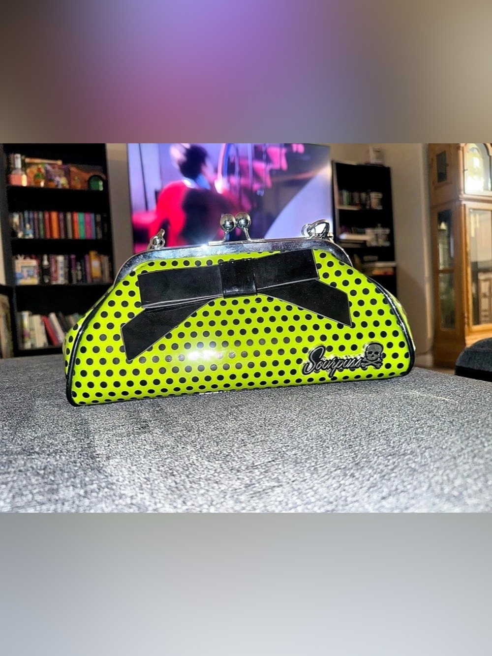 Sourpuss Floozy Kiss Lock Purse Green & Black Polka Dot
